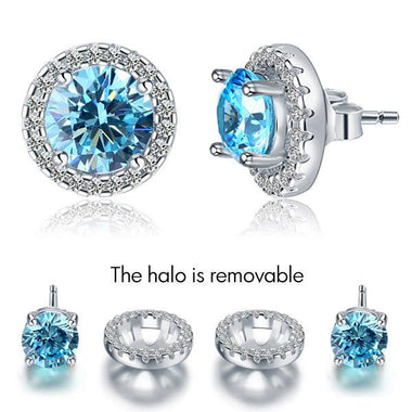 2.5 Carat Round Aqua Blue Halo (Removable) Stud Solid 925 Sterling Silver Earrings Jewelry-Bijoux Pour Elle