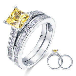 925 Sterling Silver 2-Pcs Wedding Ring Set 1.5 Ct Princess Cut Yellow Canary Simulated Diamond-Bijoux Pour Elle