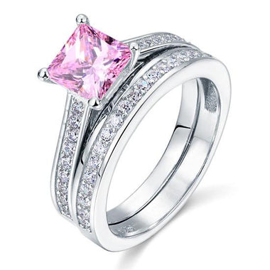 925 Sterling Silver Wedding Engagement Ring Set 1.5 Carat Princess 2-Pc Fancy Pink Simulated Diamond-Bijoux Pour Elle
