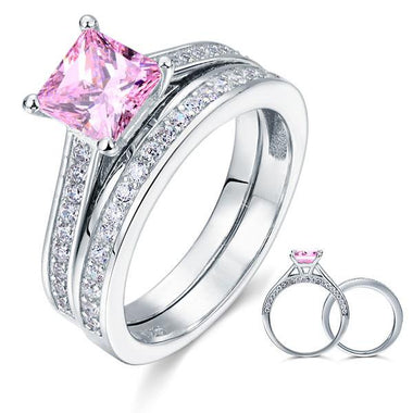 925 Sterling Silver Wedding Engagement Ring Set 1.5 Carat Princess 2-Pc Fancy Pink Simulated Diamond-Bijoux Pour Elle