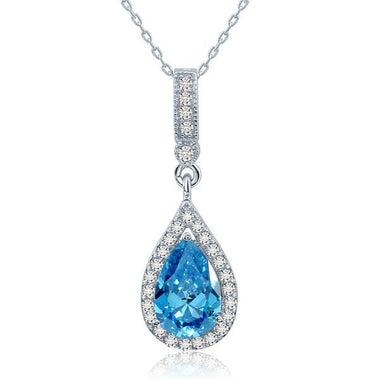 925 Sterling Silver Fashion Bridesmaid Blue Pendant Necklace Bridal Wedding Tear Drop-Bijoux Pour Elle