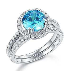 925 Sterling Silver Wedding Engagement Halo Ring Set 2 Carat Blue Simulated Diamond-Bijoux Pour Elle