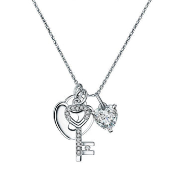 Love Heart Lock Key 925 Sterling Silver Pendant Necklace 1.5 Carat Simulated Diamond-Bijoux Pour Elle