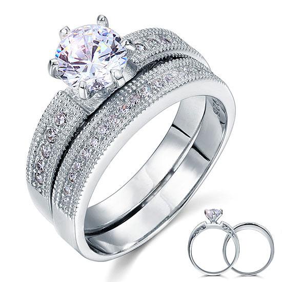 Vintage Style 1.25 Solitaire Simulated Diamond Sterling 925 Silver 2-Pc Bridal Wedding Engagement Ring Set-Bijoux Pour Elle