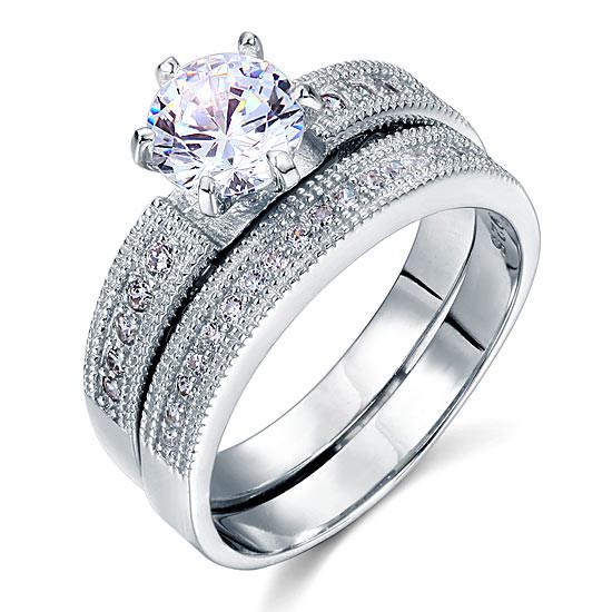 Vintage Style 1.25 Solitaire Simulated Diamond Sterling 925 Silver 2-Pc Bridal Wedding Engagement Ring Set-Bijoux Pour Elle