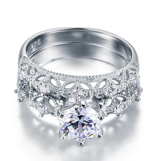 Vintage Style Victorian Art Deco 1.25 Carat Simulated Diamond Sterling 925 Silver 2-Pcs Wedding Engagement Ring Set-Bijoux Pour Elle