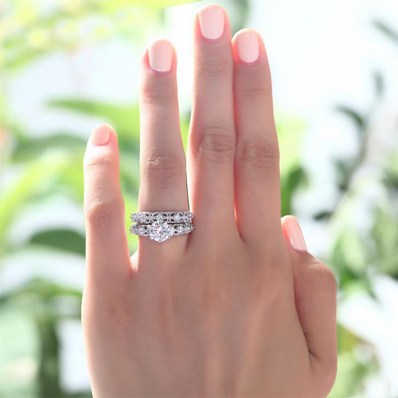 Vintage Style Victorian Art Deco 1.25 Carat Simulated Diamond Sterling 925 Silver 2-Pcs Wedding Engagement Ring Set-Bijoux Pour Elle