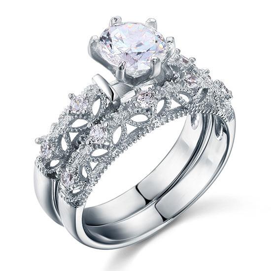 Vintage Style Victorian Art Deco 1.25 Carat Simulated Diamond Sterling 925 Silver 2-Pcs Wedding Engagement Ring Set-Bijoux Pour Elle