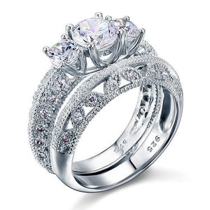Vintage Style Victorian Art Deco 1.5 Carat Simulated Diamond Sterling 925 Silver 2-Pcs Wedding Engagement Ring Set-Bijoux Pour Elle