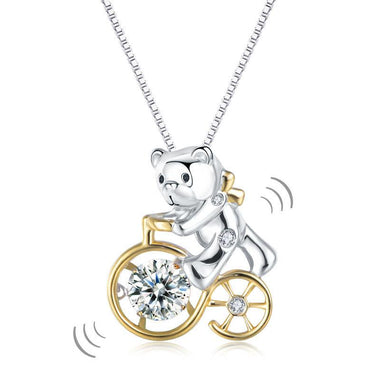 Bear Ride Bicycle Dancing Stone Pendant Necklace Solid 925 Sterling Silver-Bijoux Pour Elle