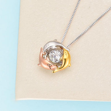 Dolphins Dancing Stone Pendant Necklace Solid 925 Sterling Silver-Bijoux Pour Elle