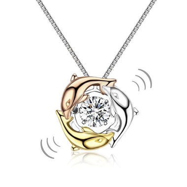 Dolphins Dancing Stone Pendant Necklace Solid 925 Sterling Silver-Bijoux Pour Elle