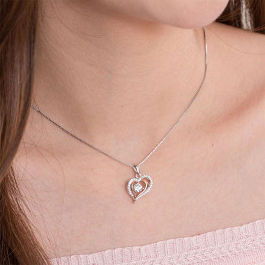 Double Heart Dancing Stone Pendant Necklace Solid 925 Sterling Silver-Bijoux Pour Elle