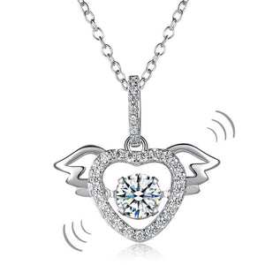 Heart Angel Wing Dancing Stone Pendant Necklace Solid 925 Sterling Silver Good for Wedding Bridesmaid Gift-Bijoux Pour Elle