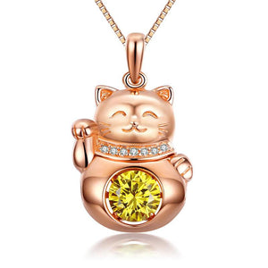Lucky Cat Dancing Stone Pendant Necklace Solid 925 Sterling Silver Rose Gold Color-Bijoux Pour Elle