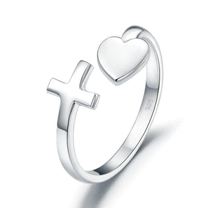 Plain Solid 925 Sterling Silver Ring Cross Heart for Lady Trendy Stylish-Bijoux Pour Elle