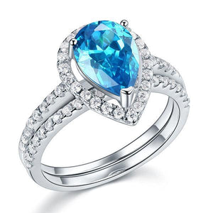 Sterling 925 Silver Bridal Wedding Engagement Ring Set 2 Carat Pear Fancy Blue Simulated Diamond Jewelry-Bijoux Pour Elle