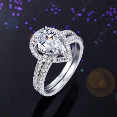 Sterling 925 Silver Bridal Wedding Promise Engagement Ring Set 2 Ct Pear Jewelry Simulated Diamond-Bijoux Pour Elle