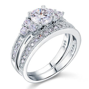 Vintage Style 1 Carat Simulated Diamond Sterling 925 Silver 2-Pc Wedding Engagement Ring Set-Bijoux Pour Elle