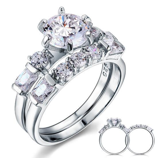 Vintage Style 2 Carat Simulated Diamond Sterling 925 Silver 2-Pc Wedding Engagement Ring Set-Bijoux Pour Elle