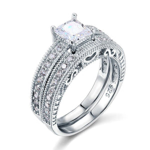 Vintage Style Victorian Art Deco 1 Carat Simulated Diamond Sterling 925 Silver 2-Pc Wedding Engagement Ring Set-Bijoux Pour Elle